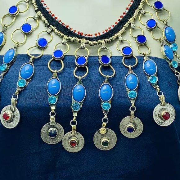 Tribal Dangling Coins Choker Necklace, Long Choker Necklace With Turquoise Stone - Picture 3 of 6